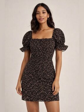 Blush J Black Floral Smocked Puff Sleeve Mini Dress Size L